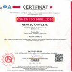 Certificate page announcing ISO 14001:2016 environmental management system for GENTECH CHP s.r.o., with certificate number E2792 and validity 2024–2027.