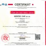 ISO 9001:2016 quality certificate for GENTEC CHP s.r.o. with company address, seals, and QR code
